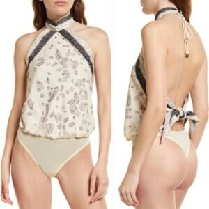 Free People Ivory One Thing Bodysuit Top L Halter Boho Hippie Festival NEW